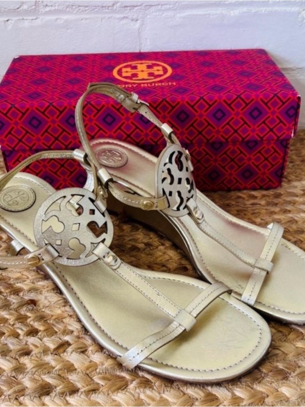 Tory Burch Metallic Gold Logo Slingback wedge Sandals